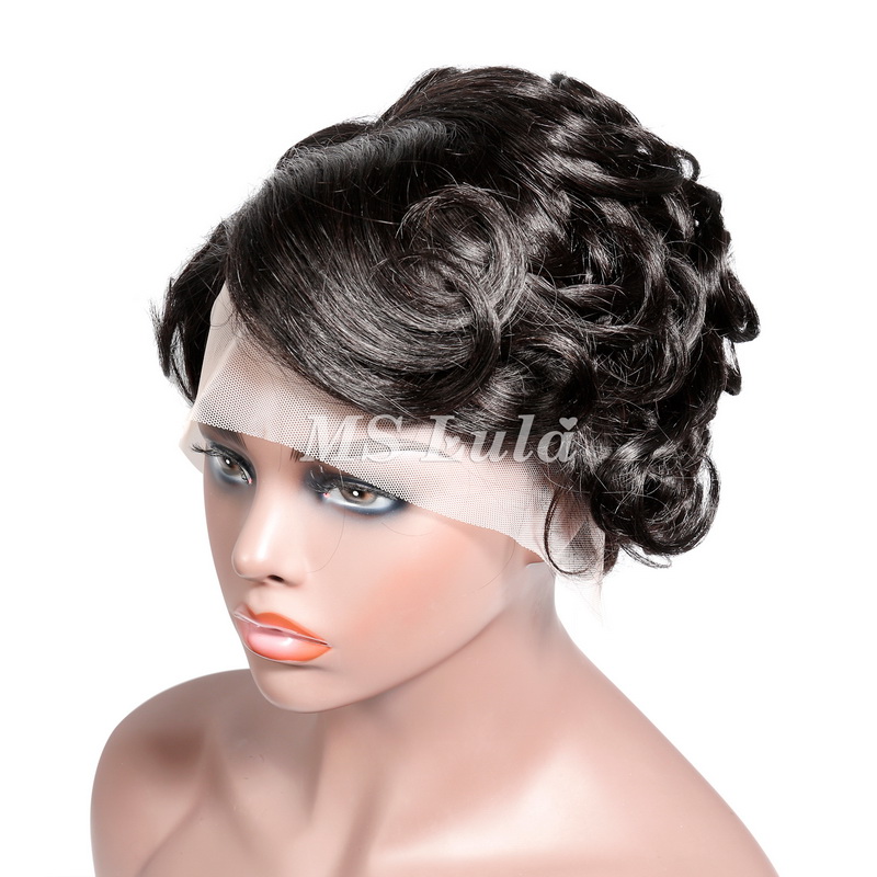 #1B Natural Color Human Hair Curly Wig T Part Pixie Cut Wigs - 图片 9